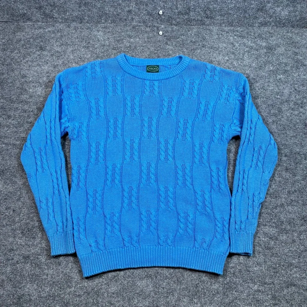 Izod Mens Cable Knit Sweater Bright Blue Crewneck Cotton Pullover Large USA Made